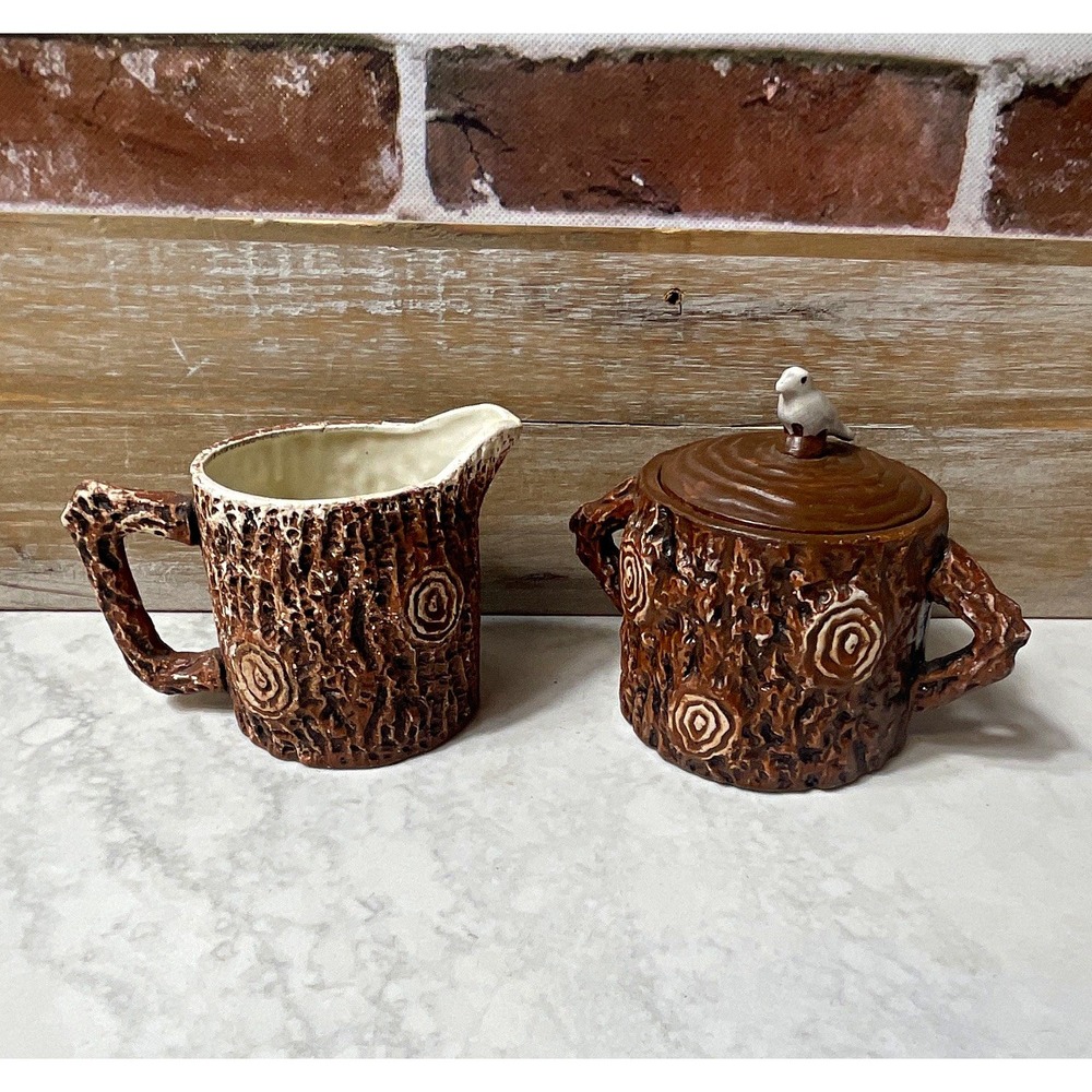 Tree Bark Brown/Beige Ceramic Creamer & Lidded Sugar Bowl Set Bird Finial 3153